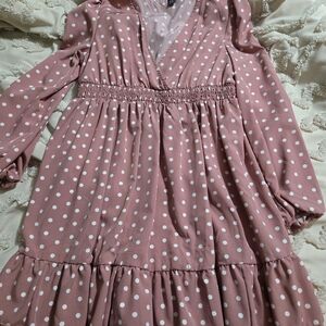 SHEIN Mauve Pink Polka Dot Long Sleeve Smocked Waist Dress